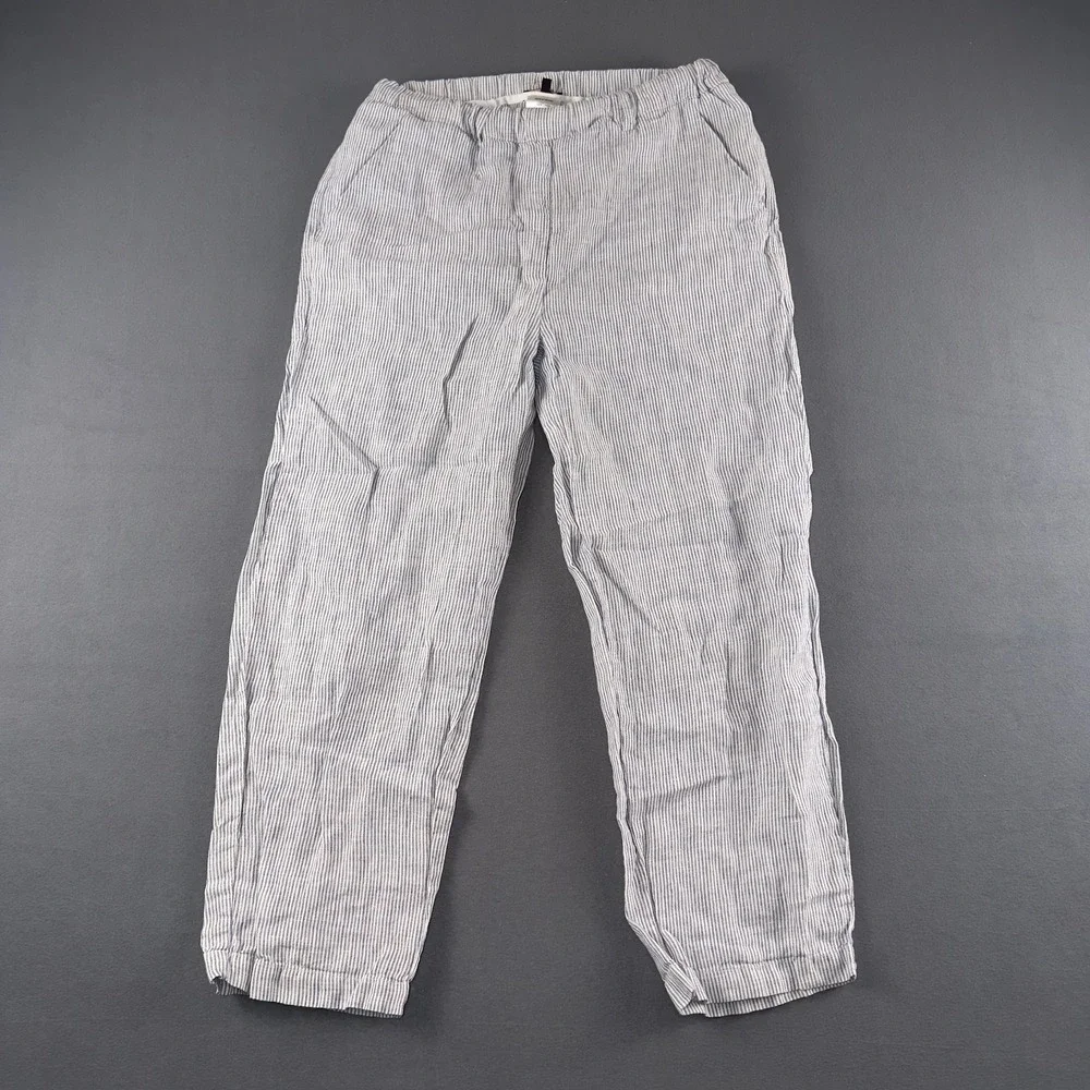 Quince Womens 100% Linen Striped Elastic Waist Pants Blue White Small JDA01